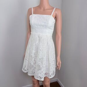 AQUA Lace Fit Flare Dress XS White Lace Up Back Mini Bridal Shower Graduation